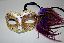 HANDPAINTED VENETIAN MAQUERADE GOLD MASK WITH PEACOCK  PURPLE FEATHERS