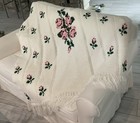 Vtg Knitted Afghan Crochet Fringed Throw Blanket Pink Roses 55" x 66" Hand Made