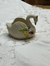 Vintage Porcelain Swan Trinket Dish Jewelry Pink Roses Cottagecore