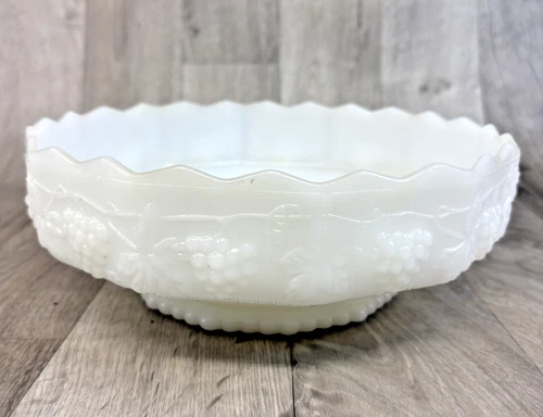 Vintage Fire King Anchor Hocking Milk Glass Grape Bowl 10" USA Fruit Pattern
