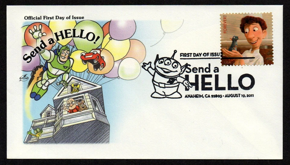 USA, SCOTT # 4553-4557, ARTCRAFT FDC COVERS SET SEND A HELLO, DISNEY PIXAR 2011 - Image 3 of 4