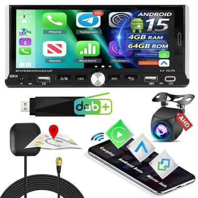 6,9'' 1DIN Autoradio Apple CarPlay Navi Android 15 Auto+DAB Player FM/RDS+Kamera