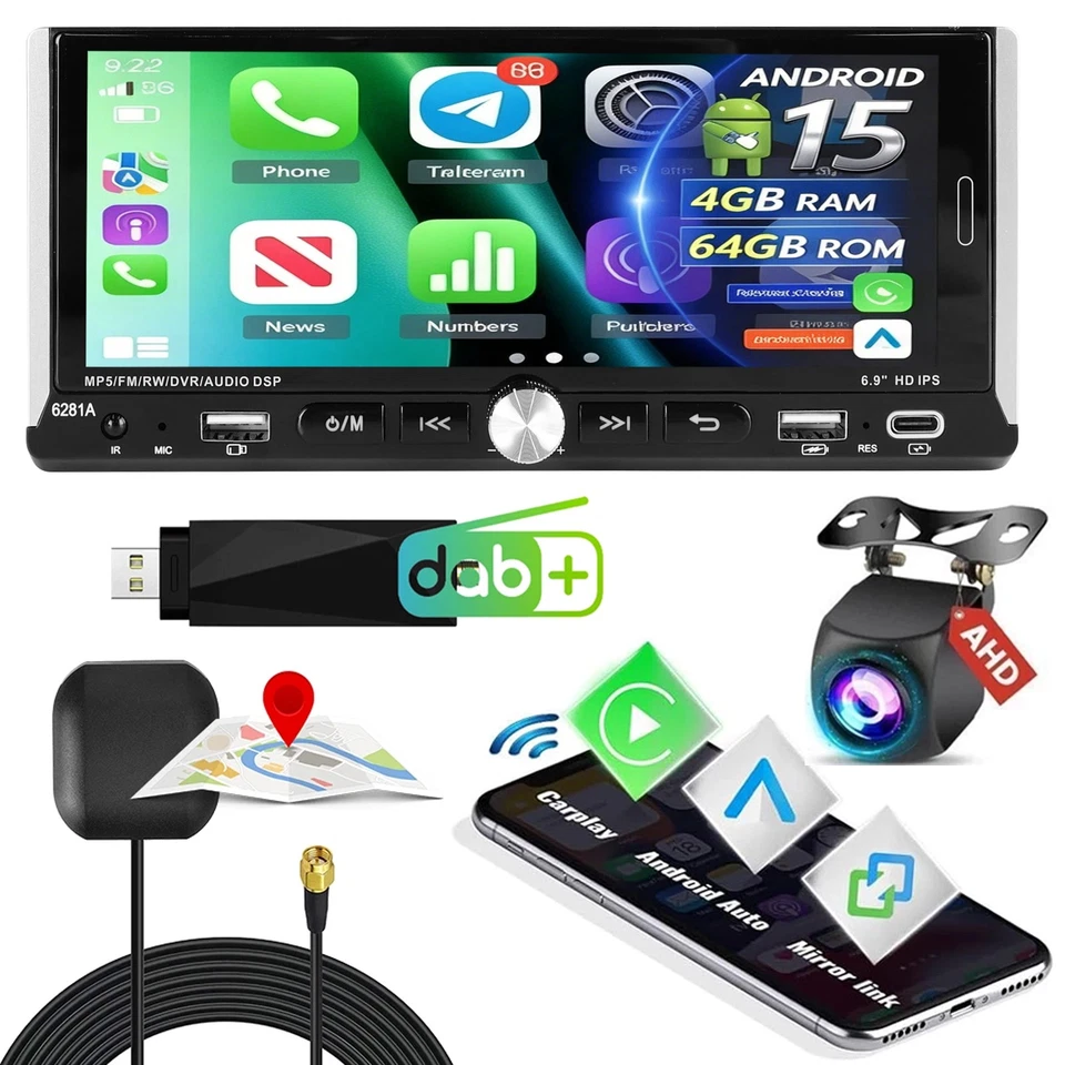 6,9" 1DIN Autoradio Apple CarPlay Navi Android 15 Auto+DAB Player FM/RDS+Kamera - Bild 1 von 4