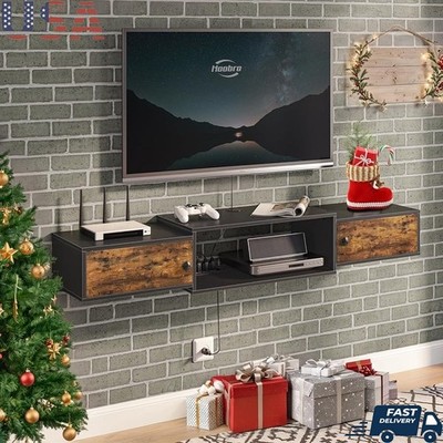 Wall Mounted TV Stand W/ Power Outlets Space Saving Cable Management Shelf New