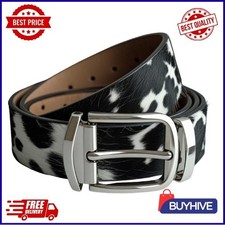 Modern Black White Hair On Cowhide Leather Belt Stylish Silver Buckle Cowboy