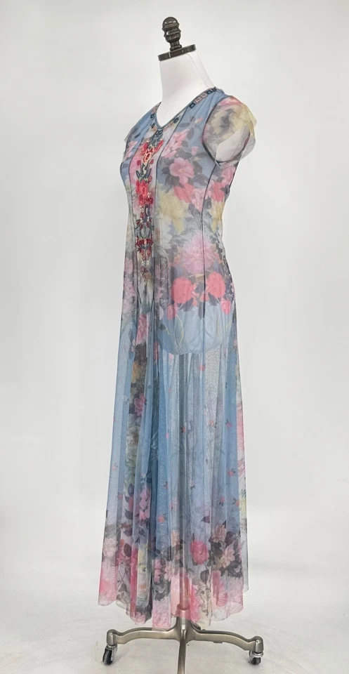 Johnny Was Biya Floral Mesh Embroidered Short Sleeve Maxi Fit Flare Dress Sz XS - Image 3 of 4