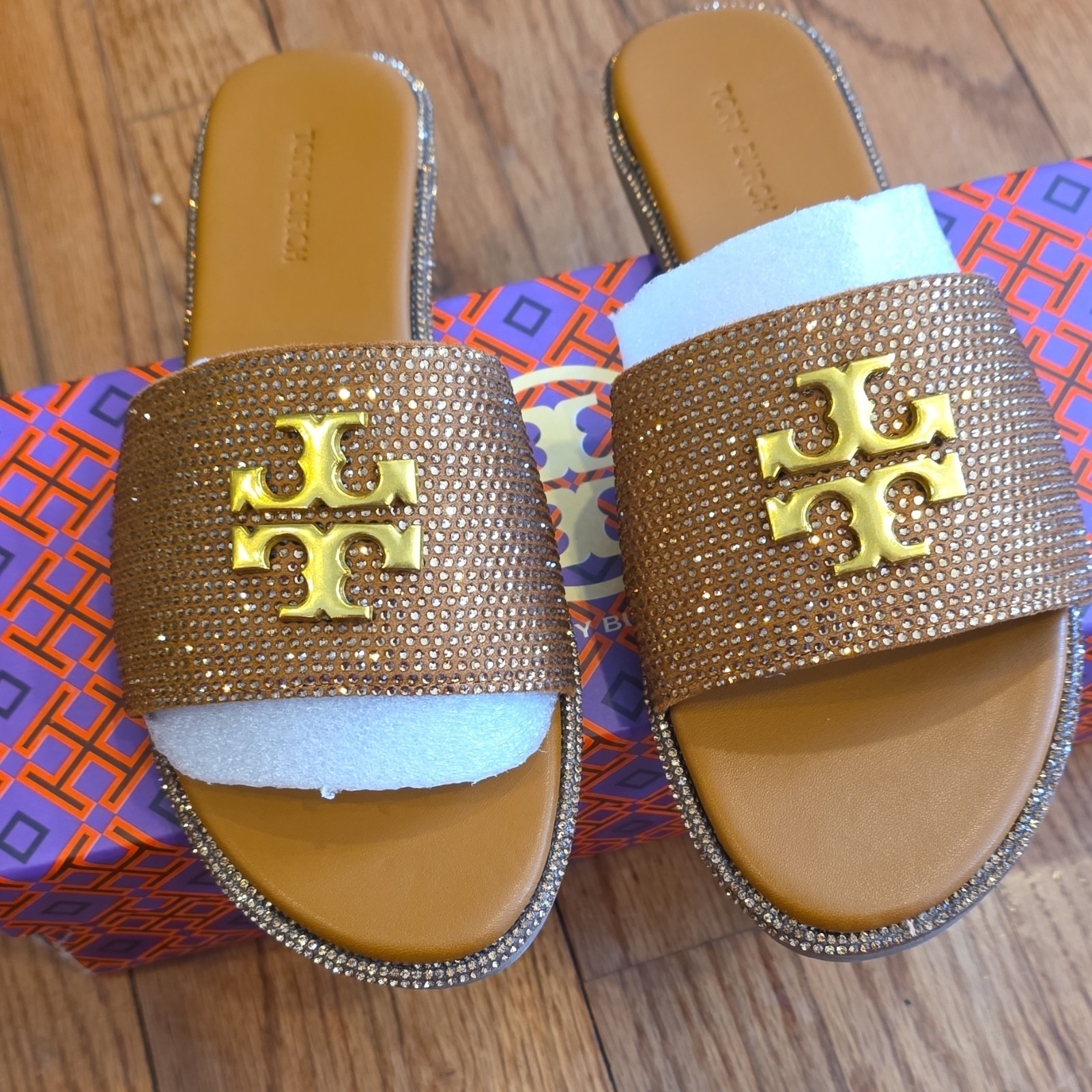 Tory Burch Brown Gold Rhinestone Logo Slide Sandals Women's Size EU 37 Slip On