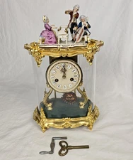15" Vintage Schmid-Schlenker Musical Glass Dome Mantel Clock w Figurines WORKING
