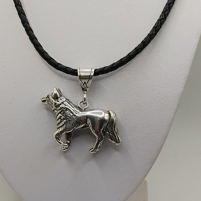 Solid Sterling Silver Wolf Pendant on a 20-in Leather Braid