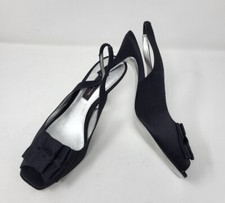 Vintage Y2K Black Satin Sling Back 3" Flat Bow Front Peep Toe Heels by Nina 7