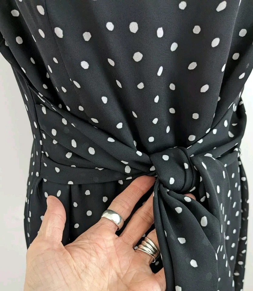 Maxi Vestido De Colección Años 90 Rayón Sin Mangas Funda Negro Blanco Lunares Corbata Cintura 12 Foto 4 de 4