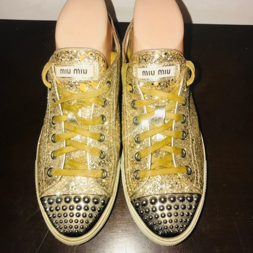 Miu Miu Glitter-embellished Neoprene Trainers In Gold | ModeSens