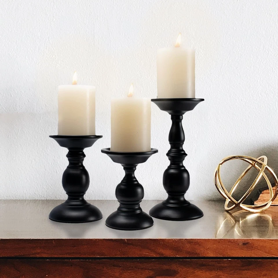 Black Pillar Candle Holders Set of 3, Vintage Candle Holder for Table Centerp... - Image 3 of 4