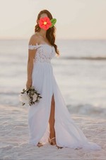 Wedding bridal Formal cocktail Off Shoulder White Dress and hair accessory