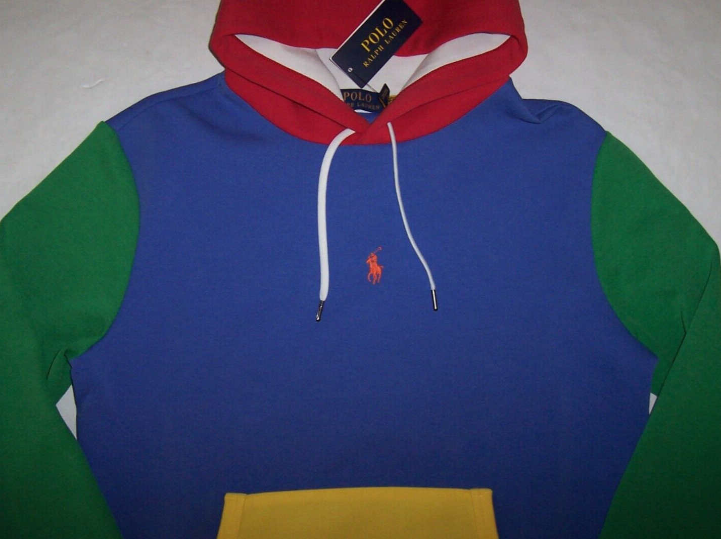 Polo Ralph Lauren blu COLORBLOCK doppia maglia felpa con cappuccio uomo S PONY nuova con etichetta