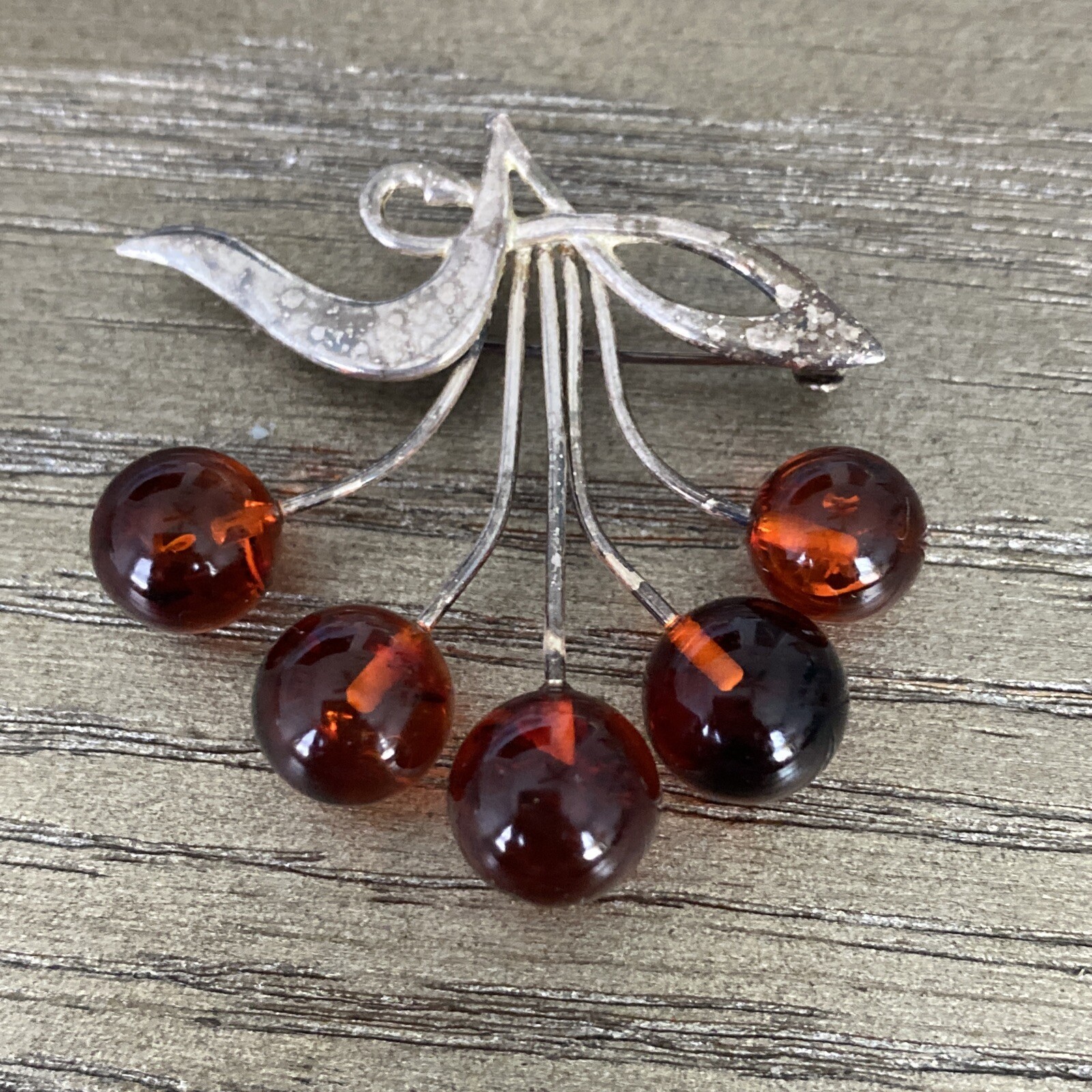 Vintage/Antique Silvertone Amber Beads Brooch Est… - image 1