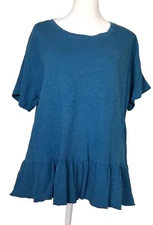 Time And True Cotton With Ruffle Aqua Blue Top Women Large