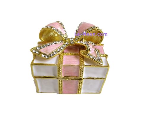 Bejeweled Pink Gift Box w Bow Hinged Metal Enameled Crystal Trinket box
