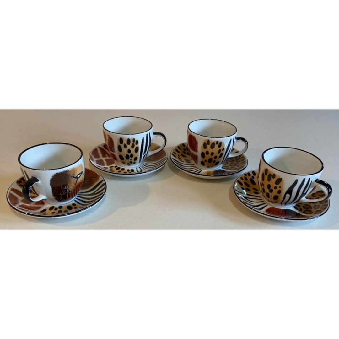 4 Teacups & Saucers Hand Painted By Jill Art From Africa Leopard