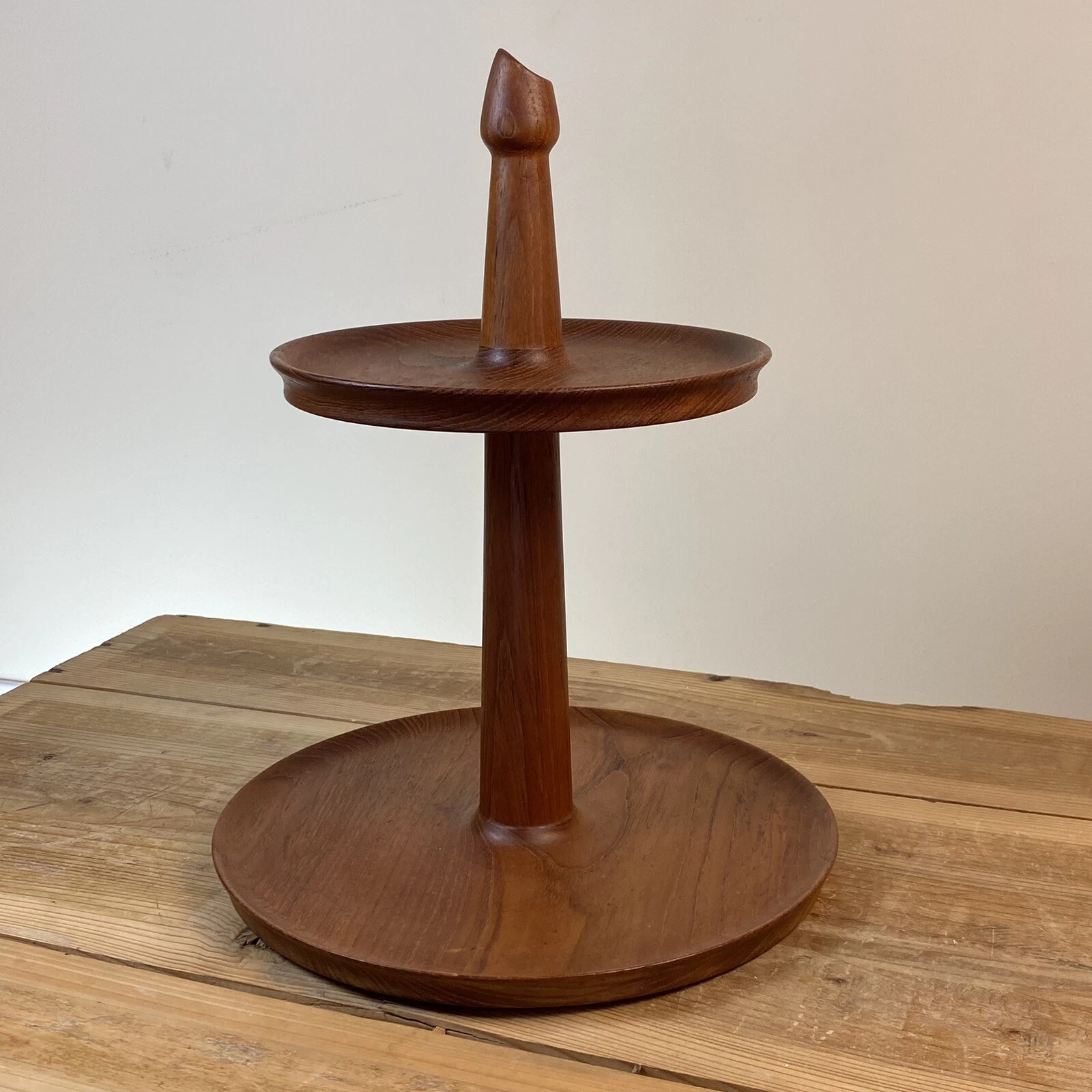 Vintage Mid Century Danish Style Teak Wood Two Tier Serving Tray Platter Display