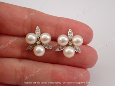 Real White Pearl 3Ct Round Cut Vintage Stud Earring 14K White Gold Plated Silver