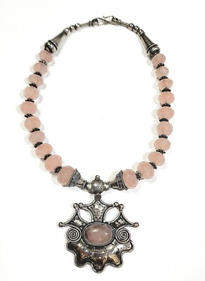 Women's Chunky SS 925~Faceted Oval Rose Quartz Beads Necklace+XL Ornate Cabochon