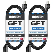 2 Pack of 6 Ft Outdoor Extension Cords - 16/3 Heavy Duty Black Extension Cord