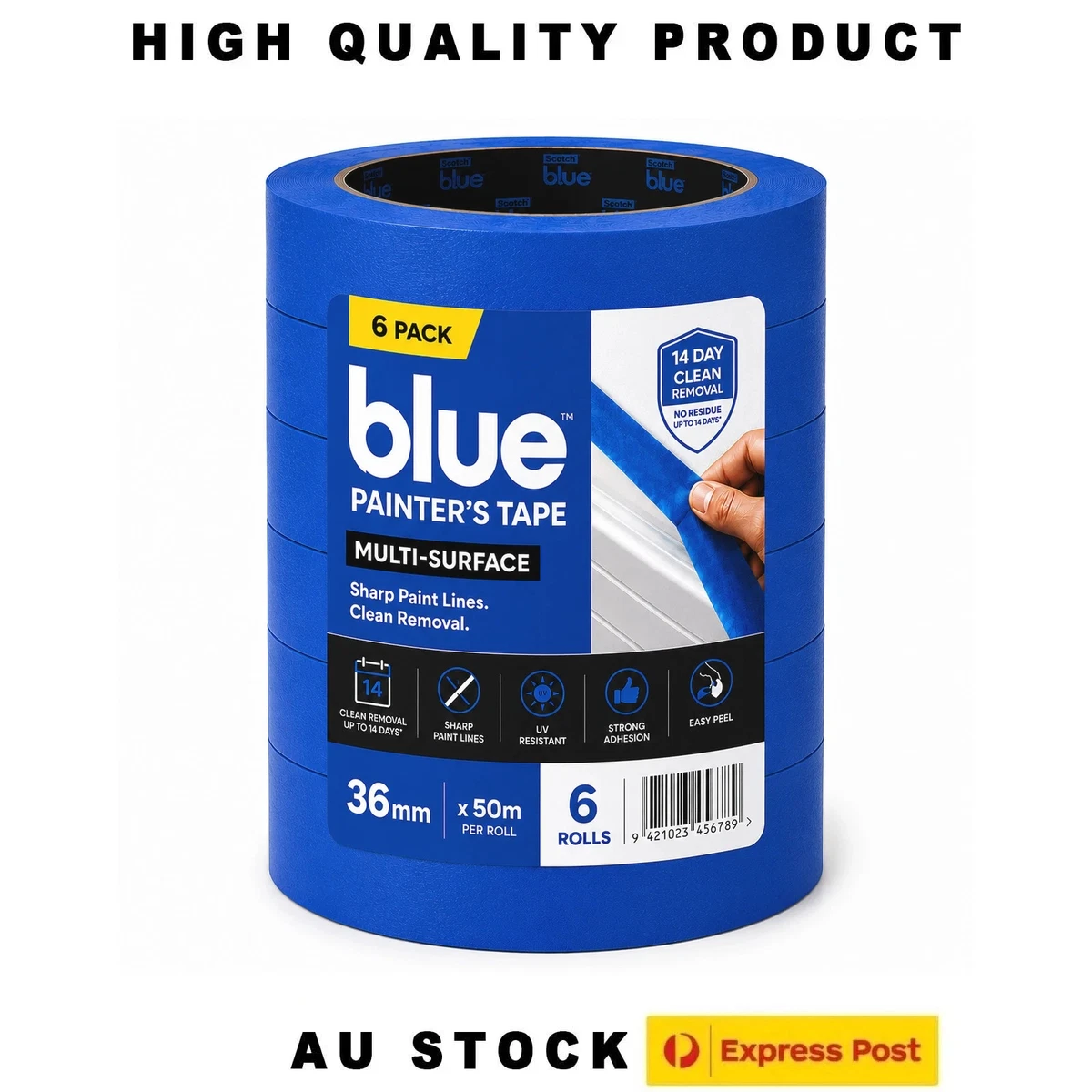 Blue Painter's Masking Tape 36mm x 50m Paint Decor Adhesive Roll 6 Pack