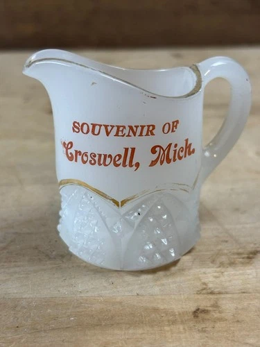 #77G Antique Croswell Michigan Milk White Glass  Souvenir Glass Cream Pitcher