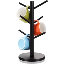 Mug Holder Tree with 6 Hooks, Sturdy Wood Coffee Cup Rack for Countertop,