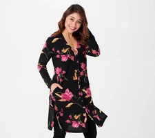 Susan Graver Printed Textured Liquid Knit Long Cardigan-Black/Pink-Large-A390504