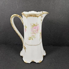 Antique Haviland & Co Limoges France Pitcher w Pink Roses Gold Trim 7 3/4" Tall