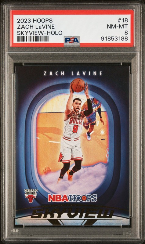 2023 PANINI NBA HOOPS SKYVIEW HOLO #18 ZACH LAVINE PSA 8