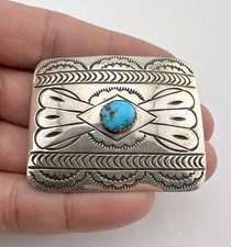 Vtg Navajo Sterling Silver Deep Stamped Turquoise Women's Belt Buckle 2 1/8"