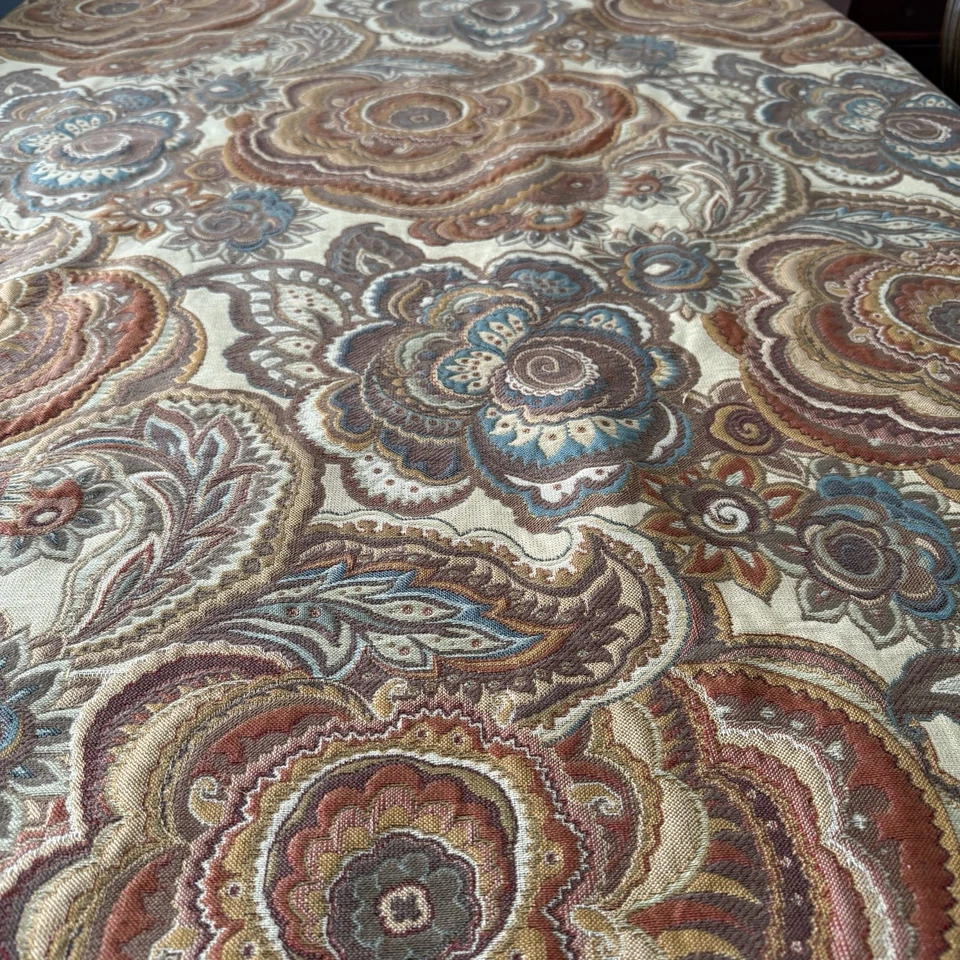 Vtg Jacquard Tapestry Upholstery Fabric Jacobean Floral Teal & Earth-tones 2 Yds - Image 2 of 4