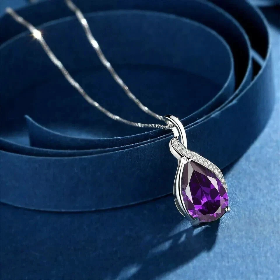 2CT Pear Cut Lab Created Amethyst Diamond Women Pendant 14K White Gold Plated - Image 4 of 4