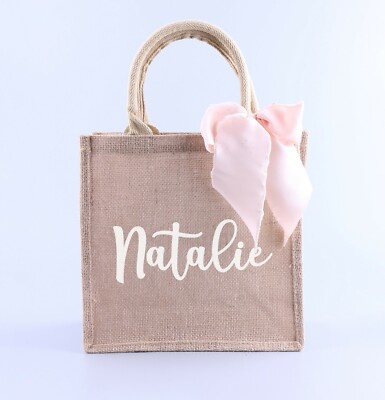 Personalized Name Burlap Tote Bag Shabby Ribbon Bridesmaid Gift Favor  Shopping