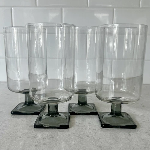 4 MCM Iced Tea or Goblet Glasses Vintage Federal Glass Nordic Midnight Smoke