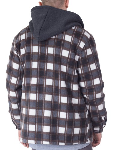 Chaqueta de franela con capucha pesada Sherpa polar a cuadros con capucha grande y alta para hombre - Imagen 18 de 72