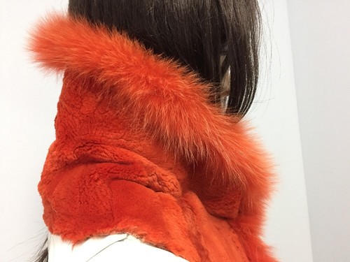 ORANGE GENUINE SHEARED BEAVER FOX FUR COLLAR SCARF n7 - Picture 3 of 5