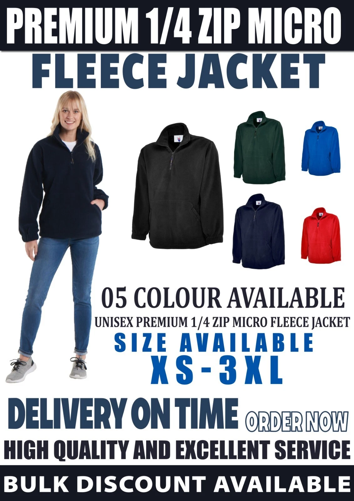 Uneek Classic UC602 1/4 Fleece Jacket Full Zip Micro Casual Warm Work Wear