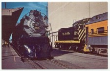 Burlington Northern RR Steam Engine & Rio Grande Switcher Train Postcard Denver 