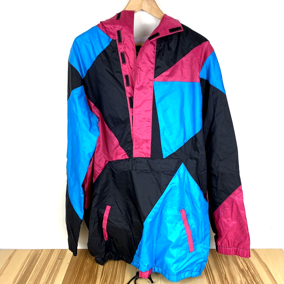 123専用 Color Block Retro Nylon Pullover Windbreaker Hoodie Mens Large