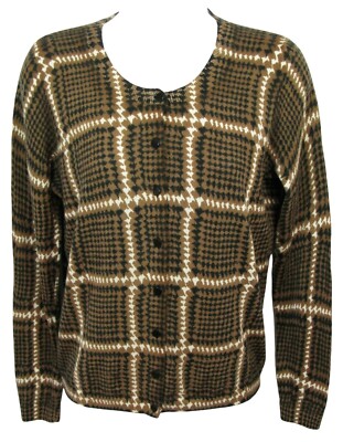 TALBOTS Windowpane Check 100% Merino Wool Cardigan Sweater Size Mp Brown Ivory