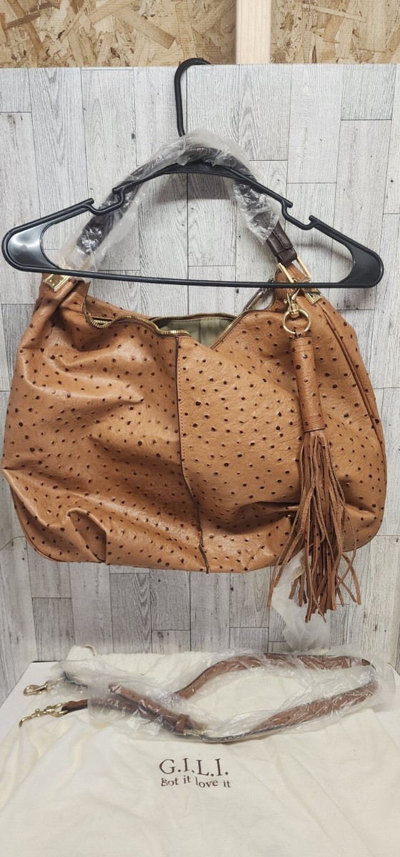NEW GILI GOT IT LOVE IT BROWN OSTRICH EMBOSSED LEATHER SATCHEL