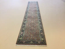 2’.7” X 14’ Rust Navy Blue Excellent Geometric Oriental Rug Runner Hand Knotted