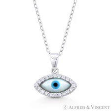 Evil Eye Mother-of-Pearl Turkish Luck Charm 925 Sterling Silver Necklace Pendant