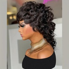 Human Hair Wig Black Short Pixie Cut Curly Wave Wigs With Bangs Brazilian Hair