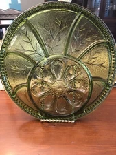 Vtg Indiana Glass Green Divided Relish Egg Dish Serving Platter Pebble Leaf Tree