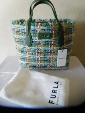 New FURLA Toni Edera Tweed Green Multi Check Satchel, Handbag, Purse- #WB00421